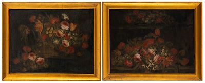 Natura morta con fiori, coppia, olio su tela
