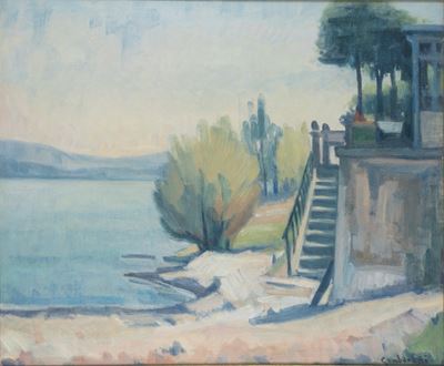 Scuola italiana, Veduta di lago, olio su tela