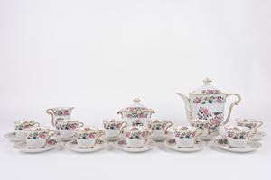 White porcelain coffee set decorated in polychrome "Oiseaux de Chine", Limoges, France