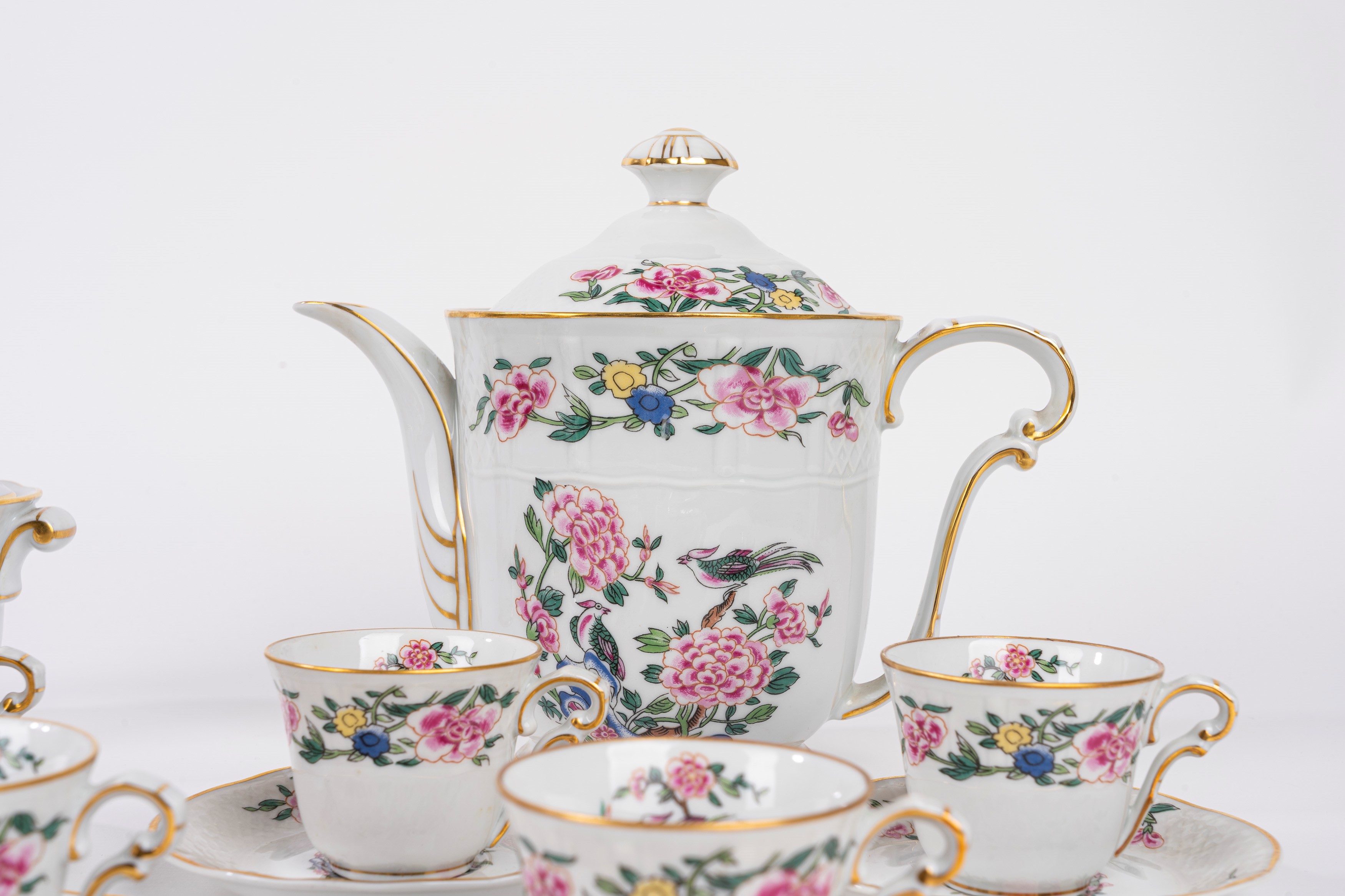 Servizio da Caffè in Porcellana Bianca Decorata in Policromia "oiseaux De Chine", Limoges France