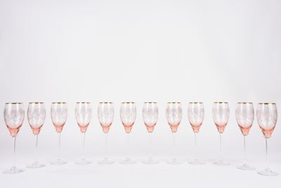 Servizio da Dodici Flute in Cristallo Molato e Inciso Rosa Fumè
