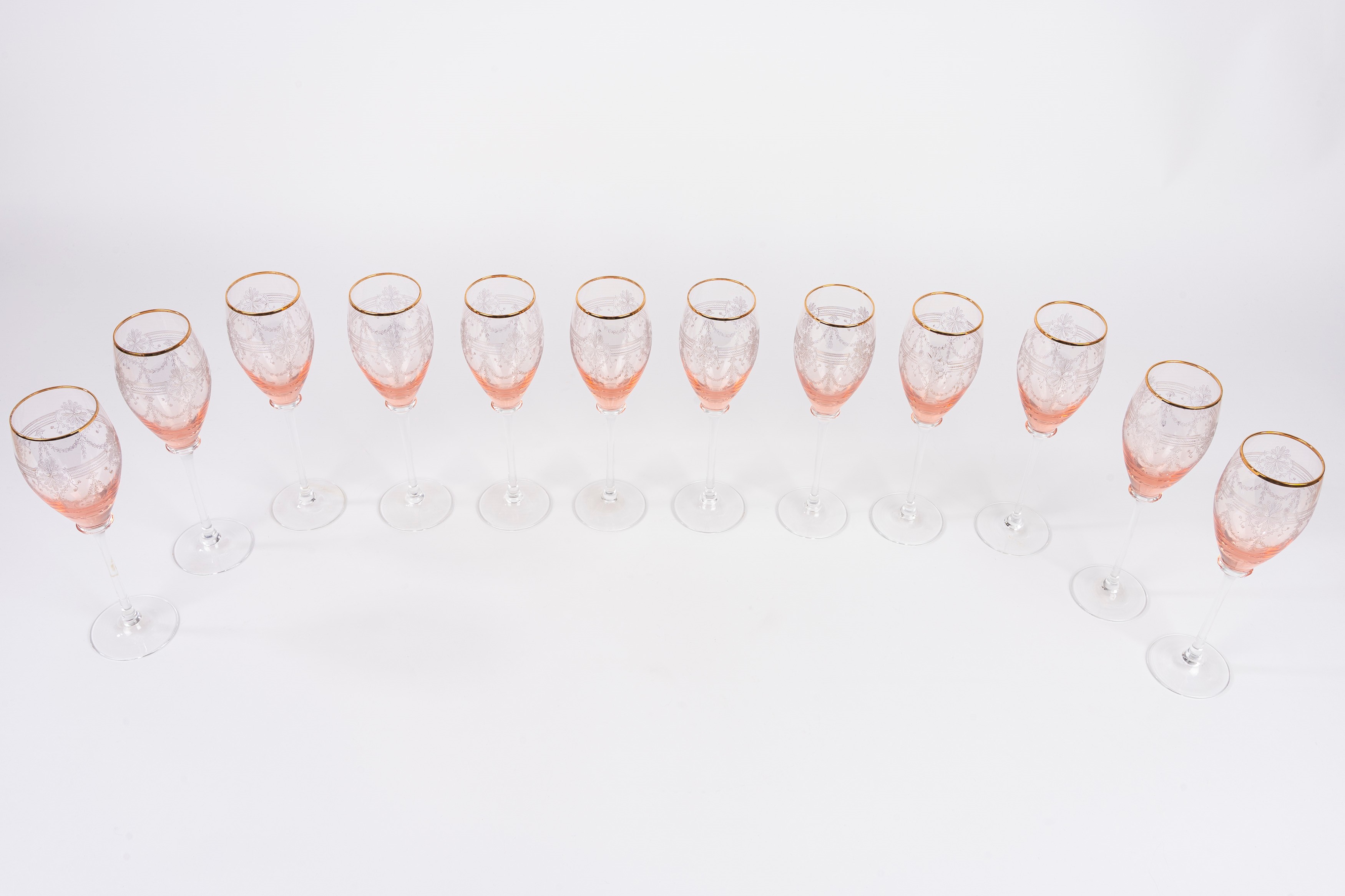 Servizio da Dodici Flute in Cristallo Molato e Inciso Rosa Fumè
