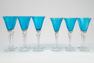 Se Calici da Vino e Sei da Acqua in Vetro di Murano Azzurro e Incolore