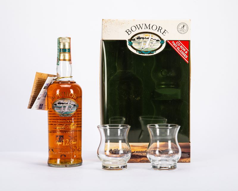 bowmore 12 years, single malt scotch whisky con bicchieri (1 BT)