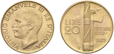 Vittorio Emanuele III (1900-1943) – Riproduzione in Oro del 20 Lire 1923 “fascetto”.