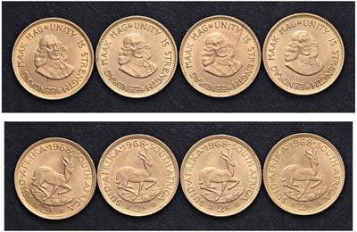 Lotto di 4 Monete da 2 Rand, 1968.