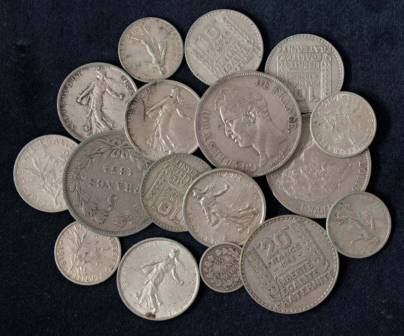 Lotto di 17 monete in argento (XIX e XX sec.).