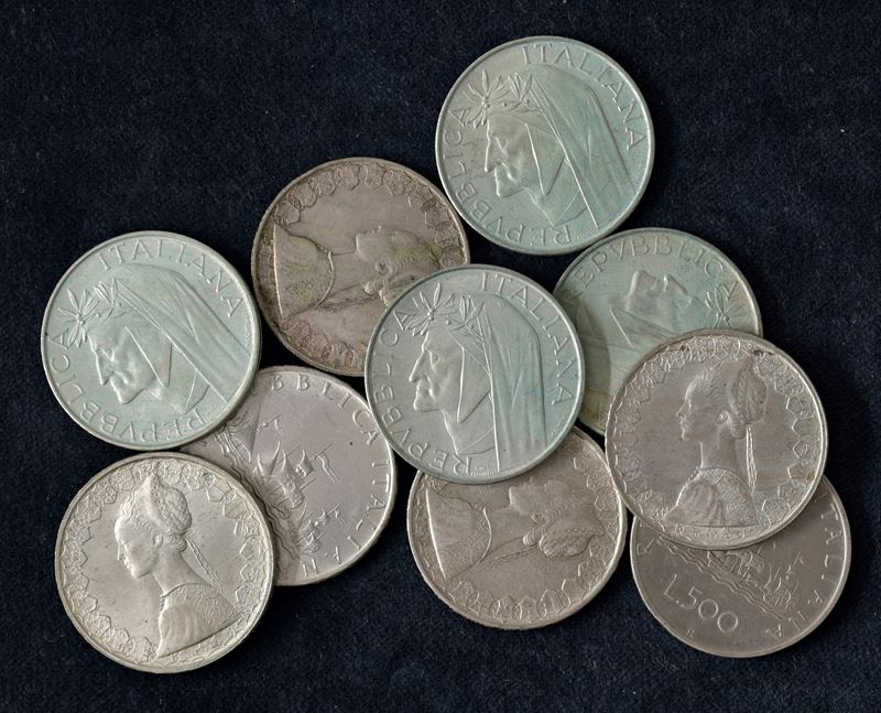 Lotto di 10 monete da 500 lire in argento, varie date.