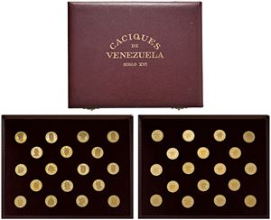 Cofanetto contenente serie di 18 medaglie in oro "Caciques de Venezuela".
