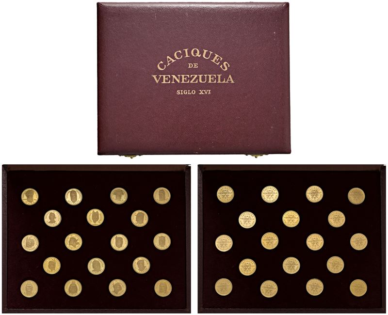Cofanetto contenente serie di 18 medaglie in oro "Caciques de Venezuela".