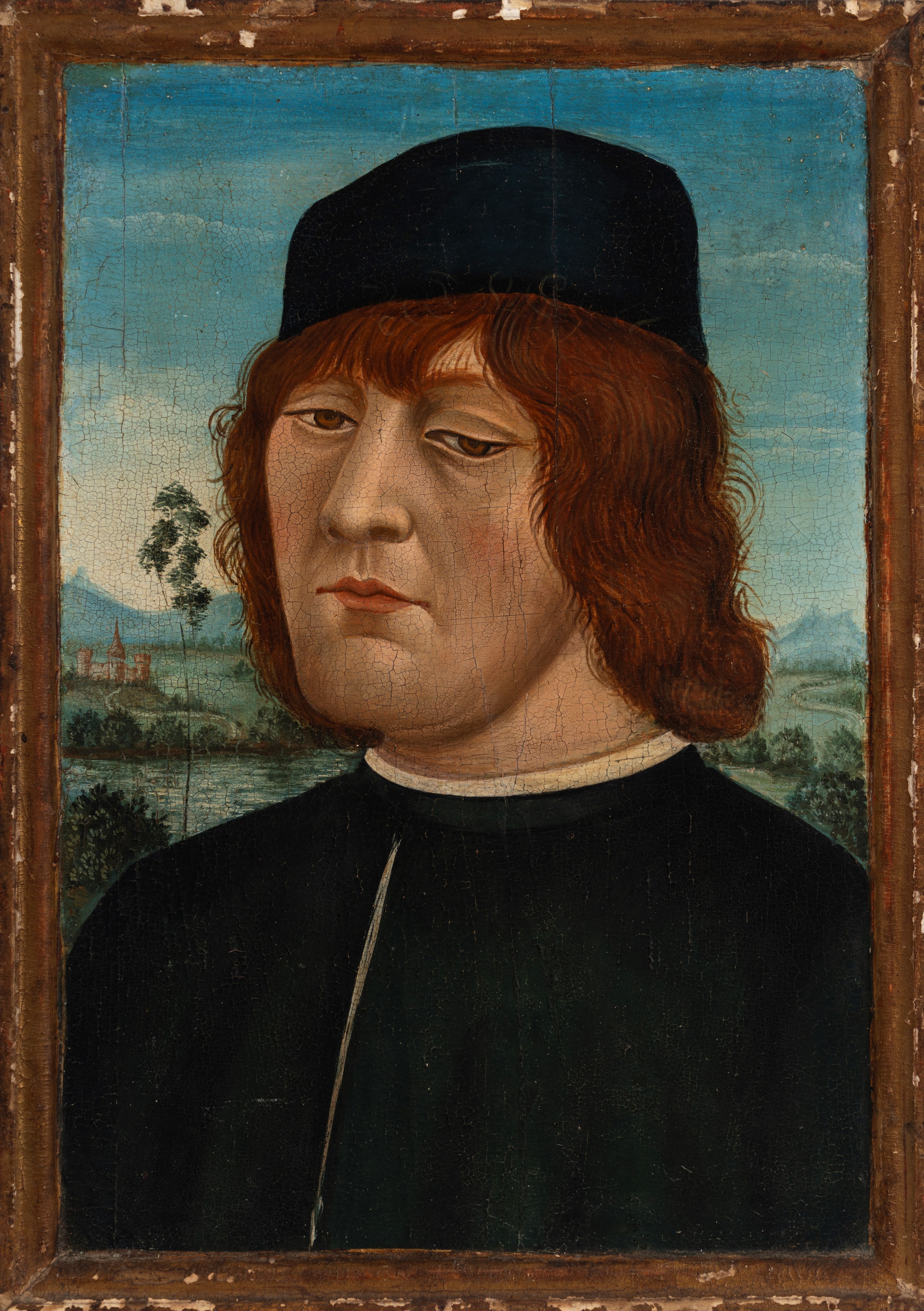 Imitatore di Giovanni Bellini - Ritratto virile, berretto nero a mezzo busto, olio su tavola
