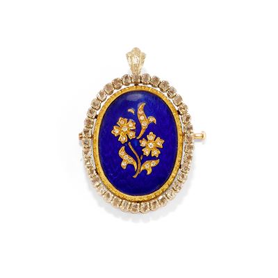 Pendente spilla in oro bicolore 18k con smalto blu e diamanti