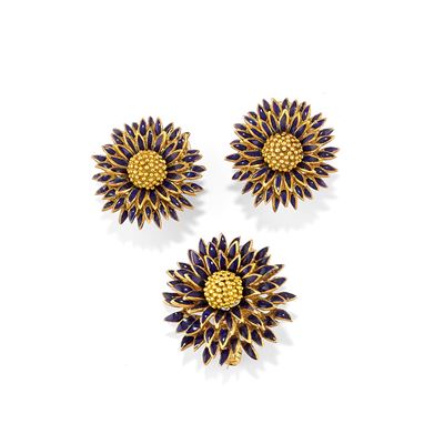 Demi parure floreale in oro giallo 18k, smalto blu