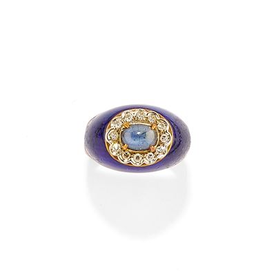 Anello in oro giallo 18k con zaffiro cabochon e smalto blu