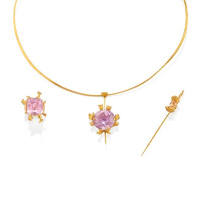 Demi parure in oro giallo 18k con kunzite, collana regolabile e anello