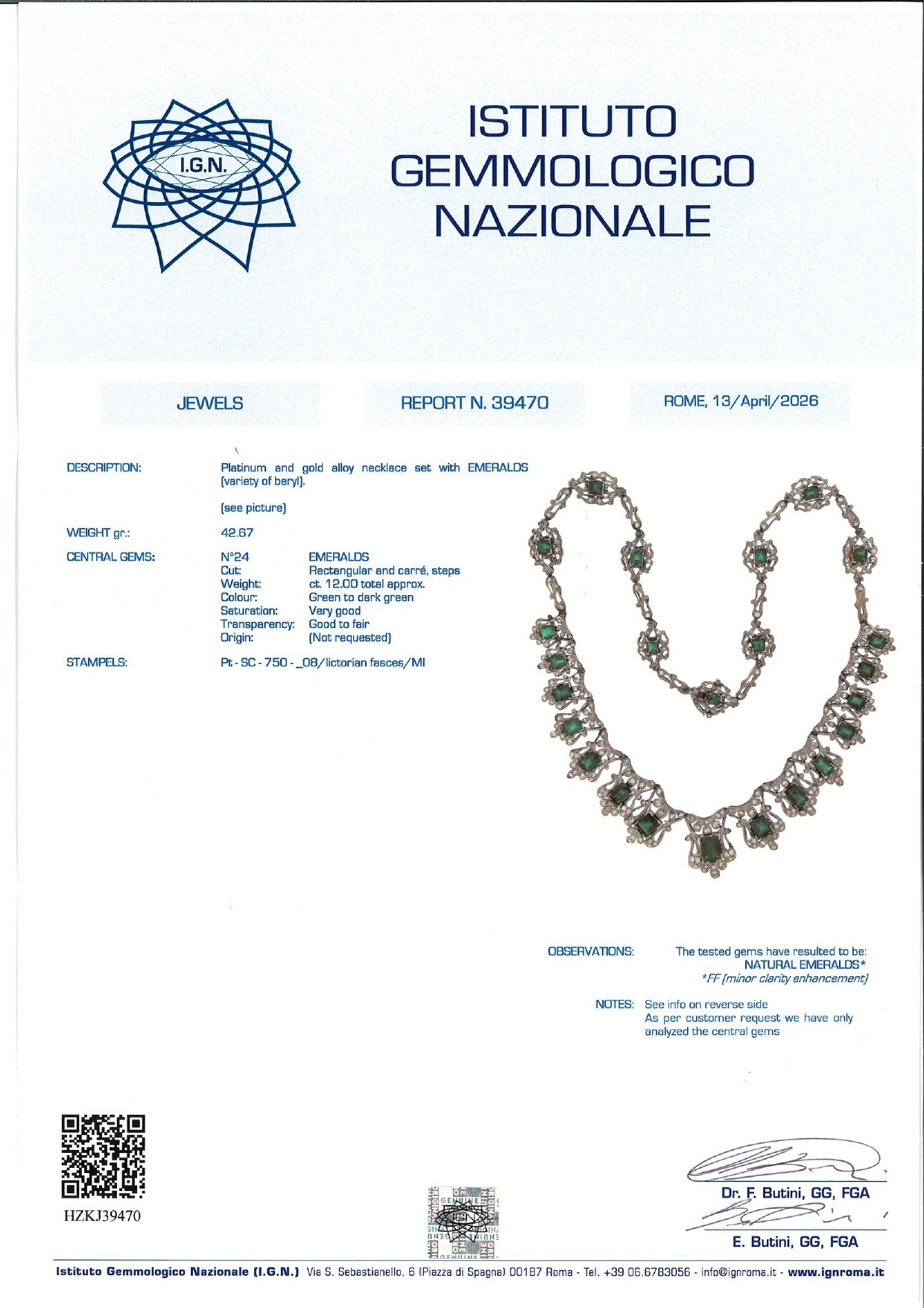 Collana in platino con smeraldi e diamanti, motivi a scudo