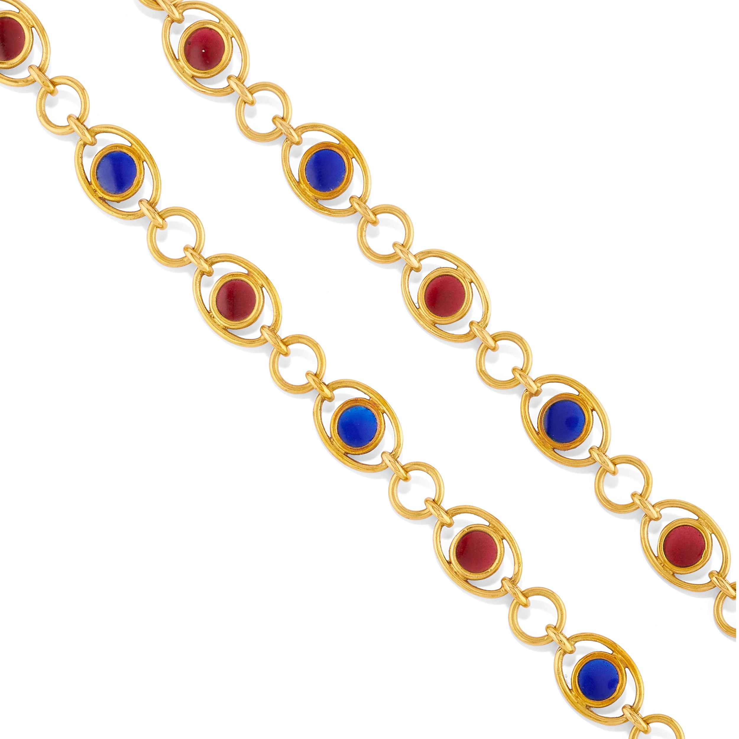 Demi parure, lunga collana e due anelli, in oro giallo 18k con paste vitree