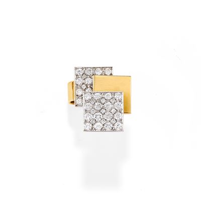 Anello geometrico, oro bicolore 18k con pavé di diamanti
