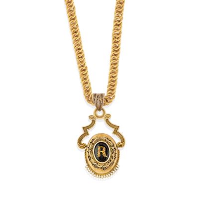 Collana, oro giallo 18k e bassa caratura, catena a maglia intrecciata con pendente in onice