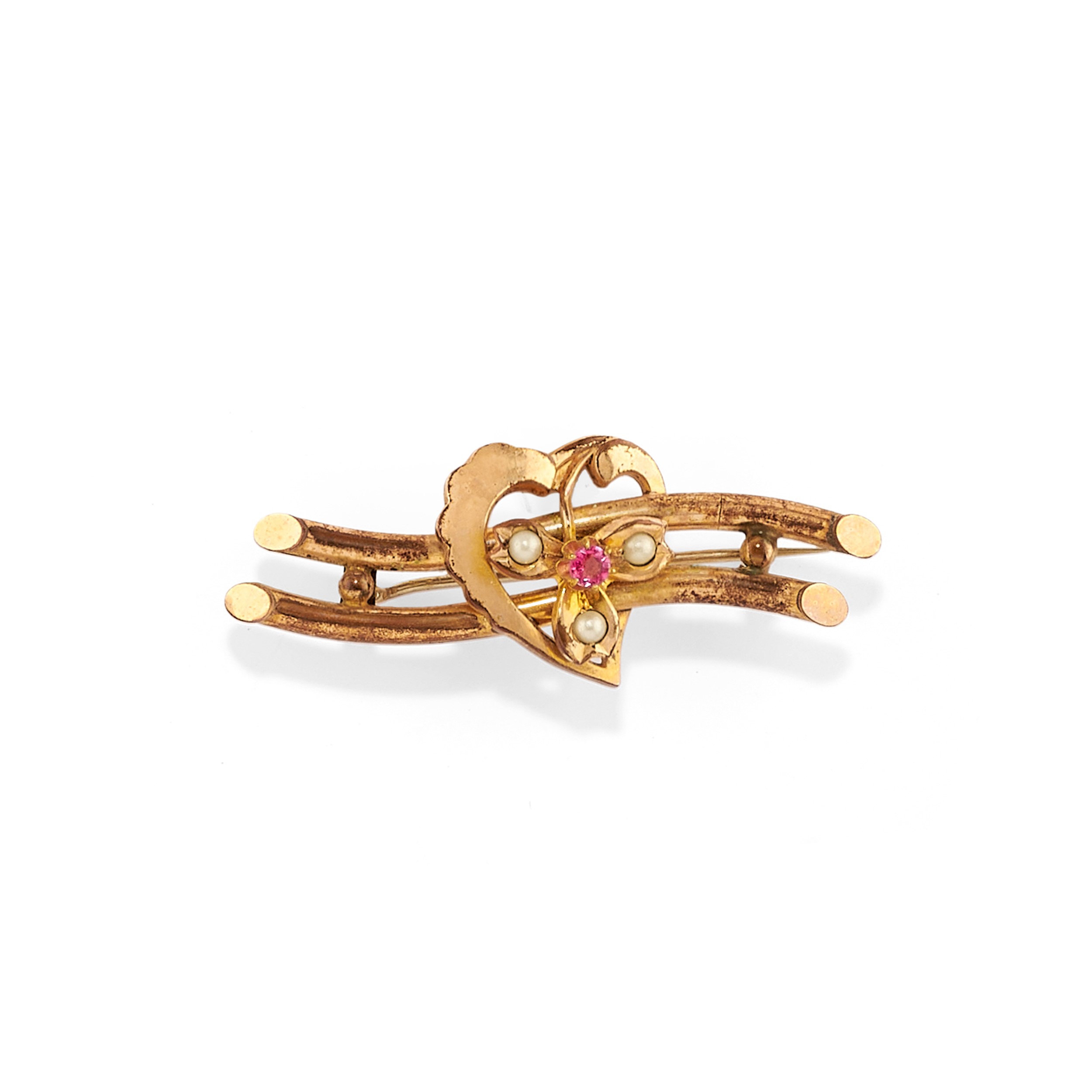 Bracciale rigido e spilla, gioielli in oro giallo a bassa caratura con pietre sintetiche e perlin...