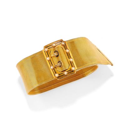 Bracciale con fibbia in oro giallo 18k, maglia a tessuto flessibile con perline, smalto e diamant...