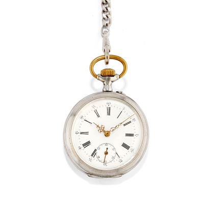 Orologio da tasca, cassa rotonda in argento e metallo, quadrante bianco con numeri romani