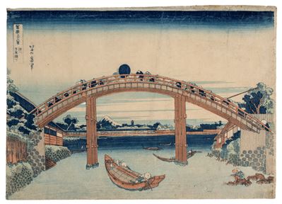 Katsushika Hokusai, Sotto il Ponte Mannen a Fukugawa, xilografia policroma su carta giapponese wa...