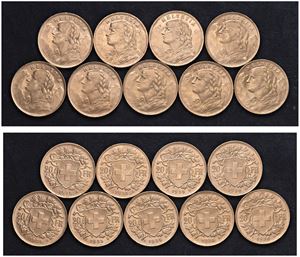 Lotto di 9 esemplari di 20 franchi 1935