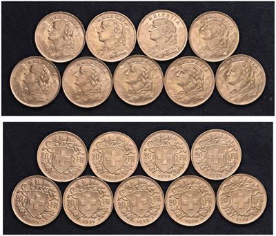 Lotto di 9 Esemplari di 20 Franchi 1935
