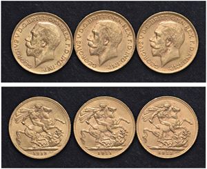 GIORGIO V (1911-1936) - Lotto di 3 sterline (1911, 1912, 1913), Londra.