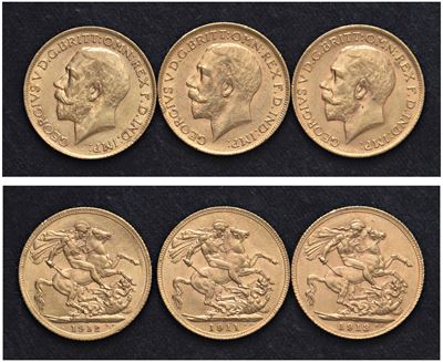Giorgio V (1911-1936) - Lotto di 3 Sterline (1911, 1912, 1913), Londra.