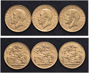 GIORGIO V (1911-1936) - Lotto di 3 sterline (1911, 1912, 1918 P)