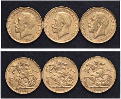 Giorgio V (1911-1936) - Lotto di 3 Sterline (1911, 1912, 1918 P)