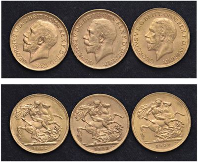 Giorgio V (1911-1936) - Lotto di 3 Sterline (1922 P, 1928 Sa, 1930 Sa)