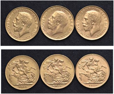 Giorgio V (1911-1936) - Lotto di 3 Sterline (1917 P, 1927 Sa, 1928 P)