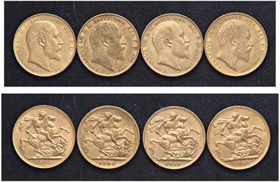 Edoardo VII (1901-1911) - Lotto di 4 Sterline (1906, 1907 M, 1909 S, 1910)