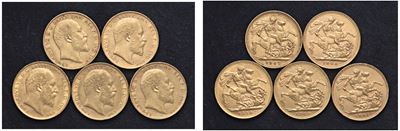 Edoardo VII (1901-1911) - Lotto di 5 Sterline (1902 P, 1903, 1904 S, 1905 P, 1910 M)