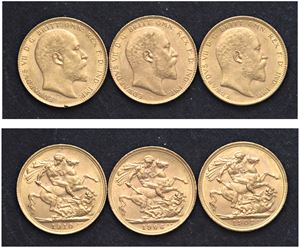 EDOARDO VII (1901-1911) - Lotto di 3 sterline (1906, 1907 M, 1910 M)