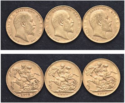 Edoardo VII (1901-1911) - Lotto di 3 Sterline (1902, 1907, 1910)