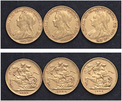 Vittoria (1837-1901) - Lotto di 3 Sterline (1894, 1896 M, 1899)