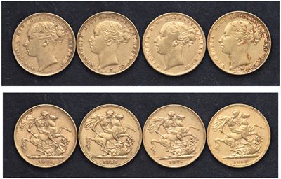 Vittoria (1837-1901) - Lotto di 4 Sterline (1876, 1880, 1882 M, 1885 M)