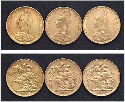 Vittoria (1837-1901) - Lotto di 3 Sterline (1891, 1892, 1893 S)