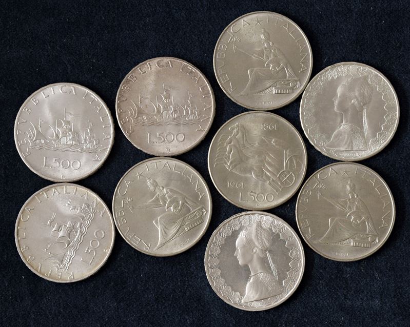 Lotto di 9 esemplari da 500 lire.
