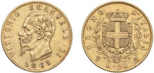 VITTORIO EMANUELE II (1861-1878) - 20 lire 1865, Torino.