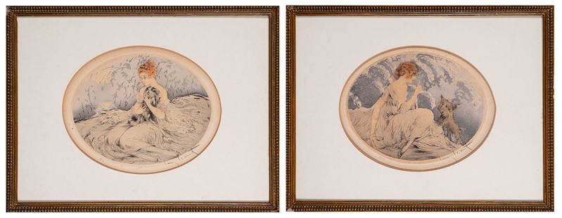 Louis Justin Laurent Icart - Coppia di litografie con donne e cagnolini