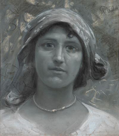 Testa di giovane abruzzese, tempera e pastello su tela non intelaiata