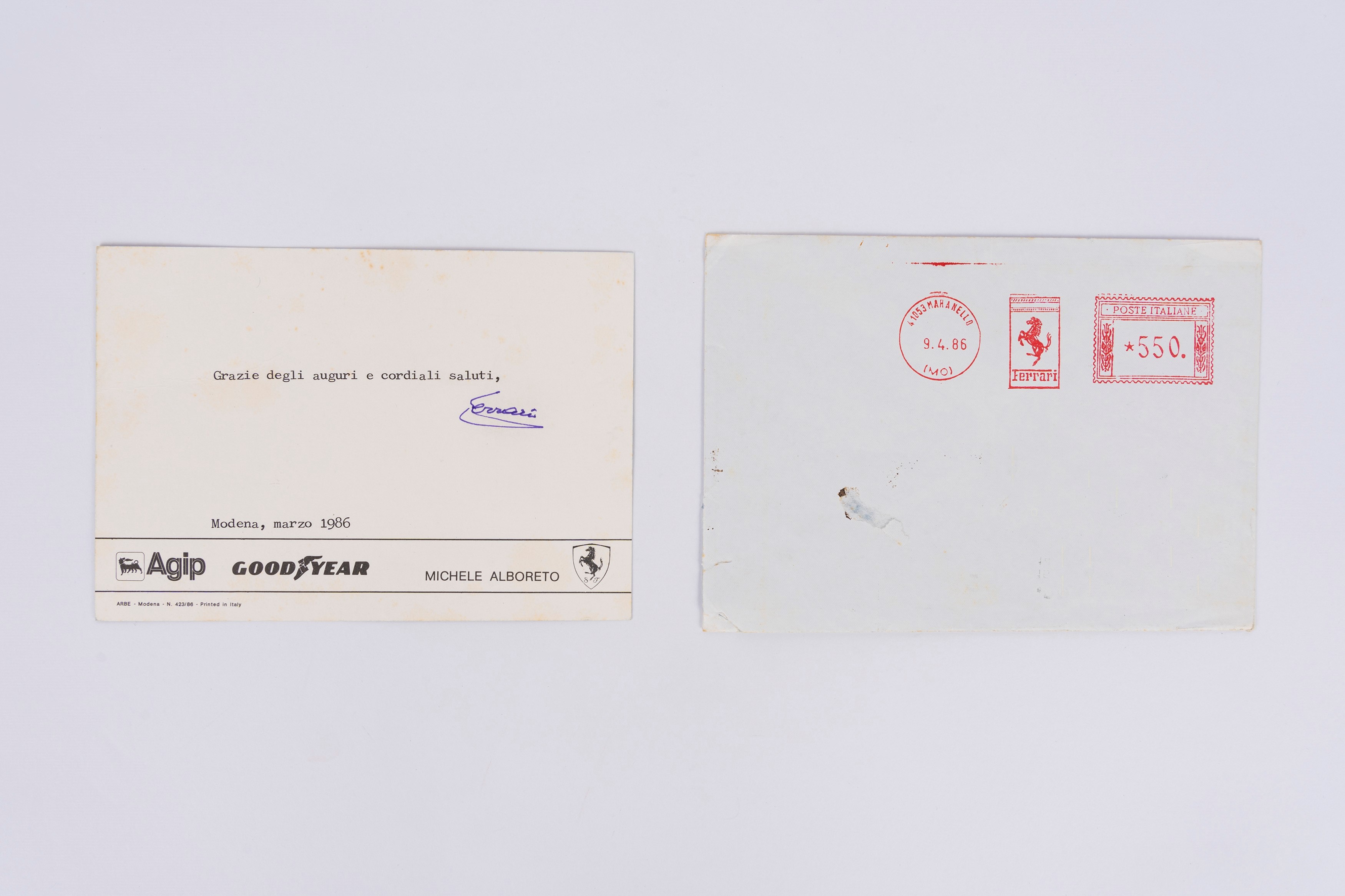 Enzo Ferrari - Cartolina con dedica di auguri e firma autografa (March 1986)