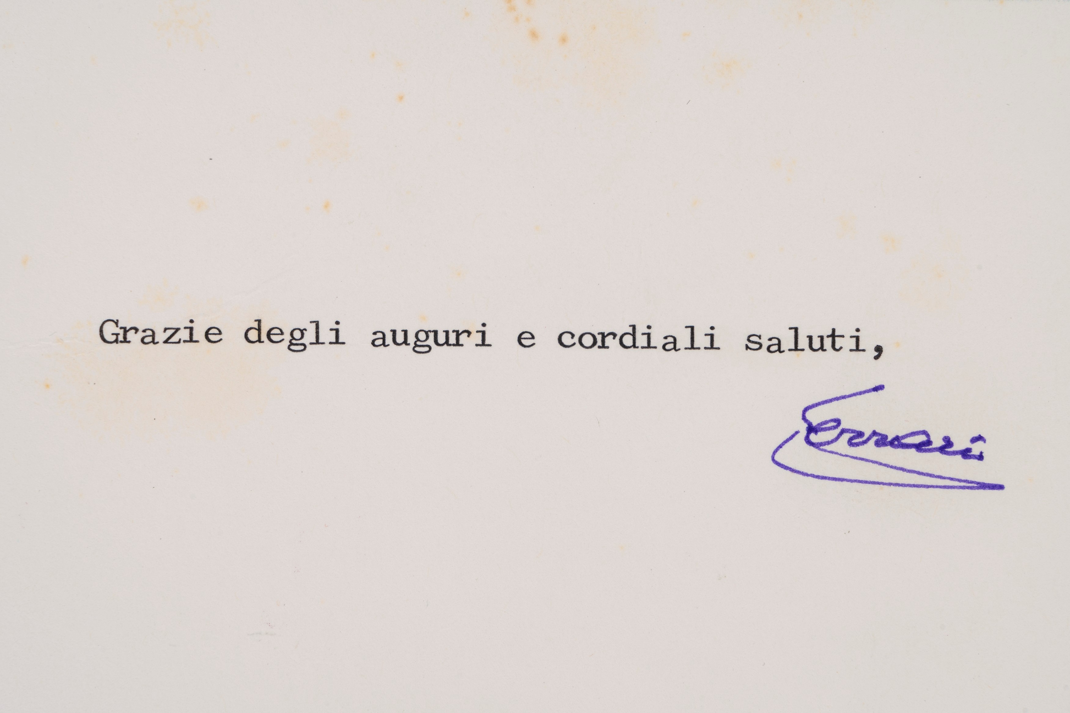 Enzo Ferrari - Cartolina con dedica di auguri e firma autografa (March 1986)