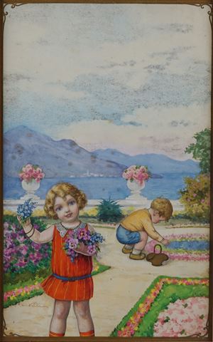 Bambini con fiori e paesaggio lacustre