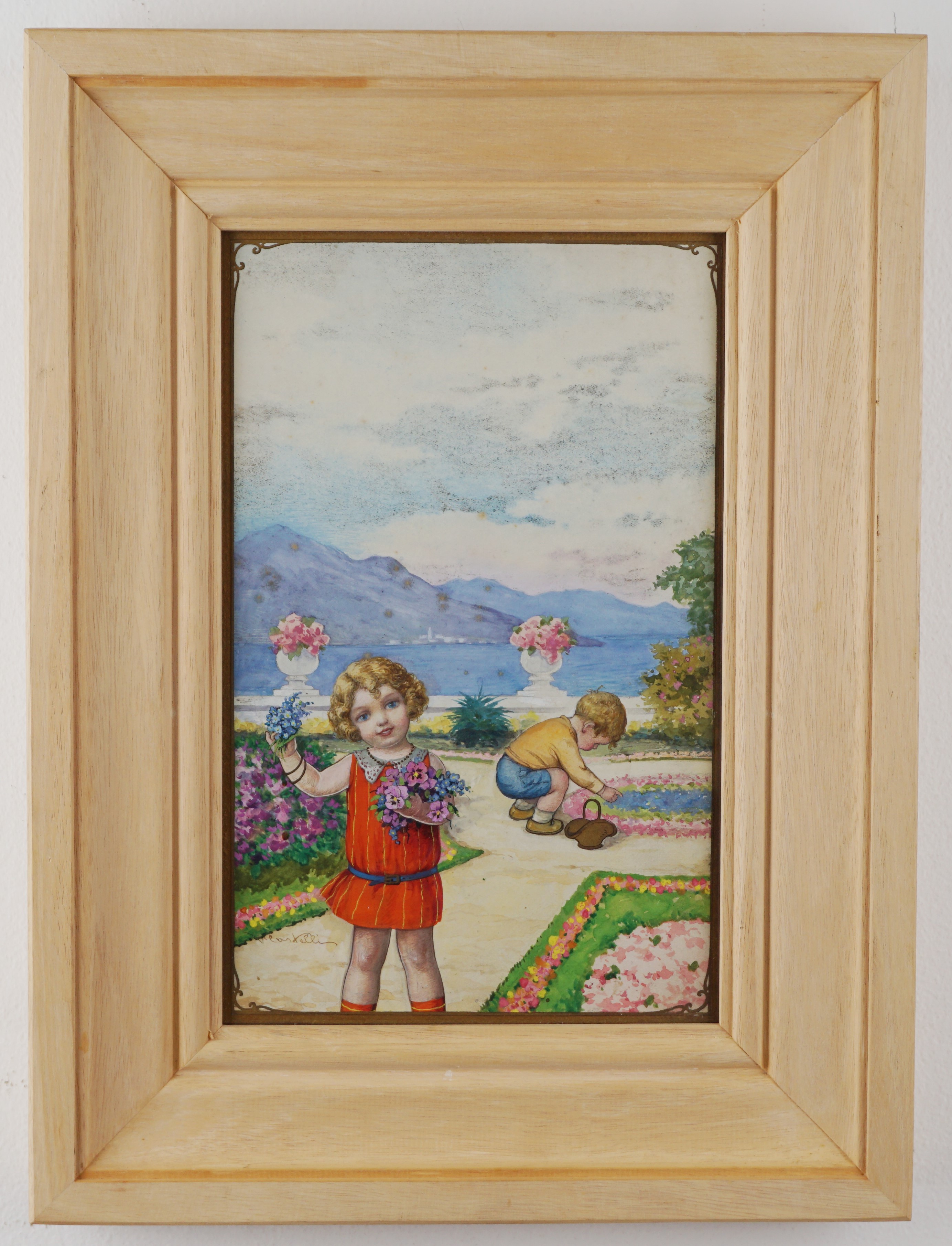 Vincenzina Castelli - Bambini con fiori e paesaggio lacustre